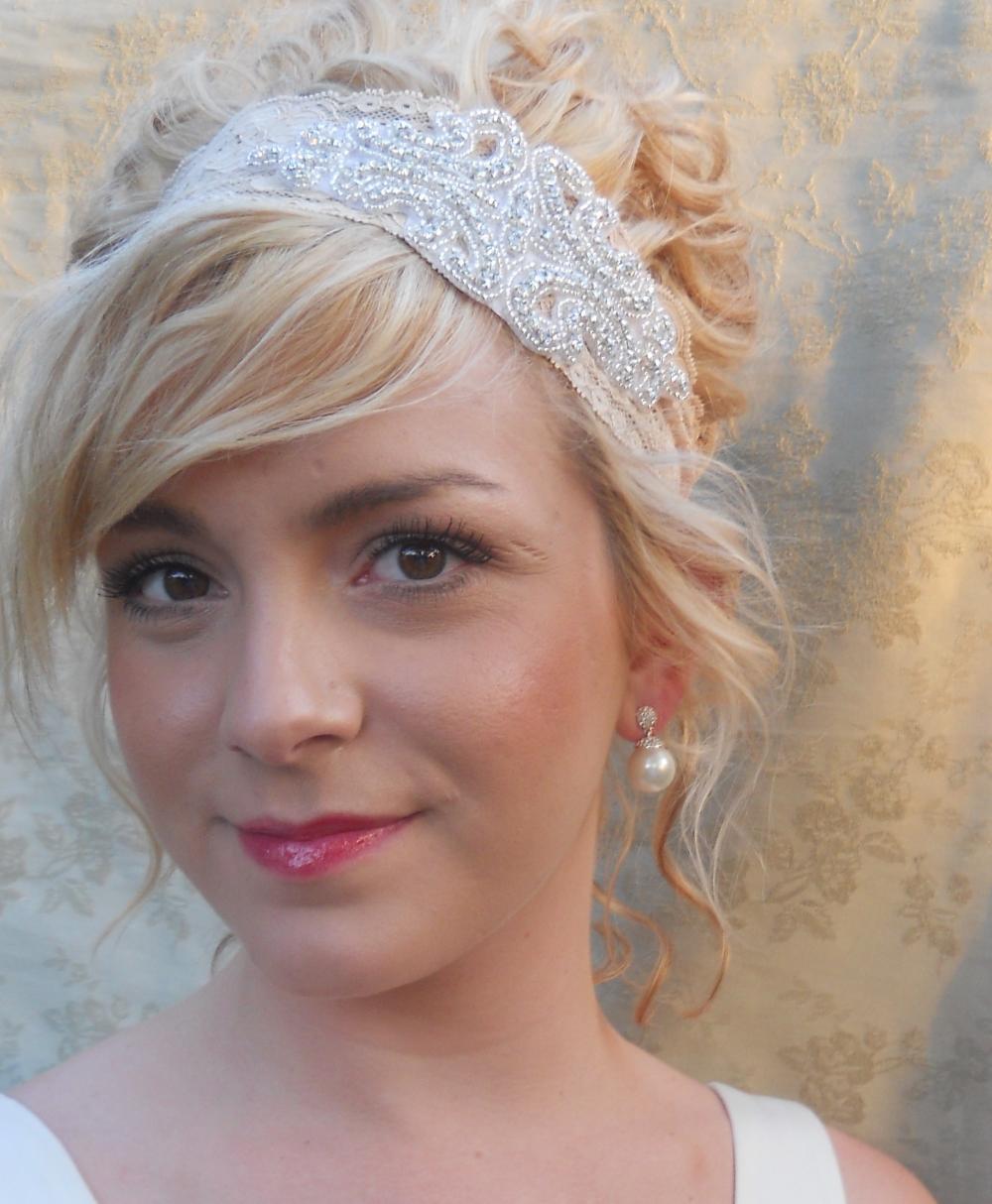 Annabelle Stretch Lace Brides Wedding Occasion Headband With Large Crystal Rhinestone Embellishment