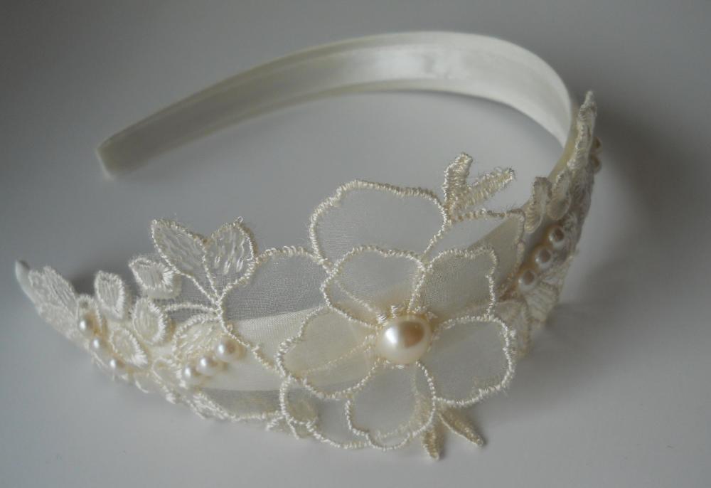 Ivory Bridal Headband With Pearl Embellishments And Embroidered Organza