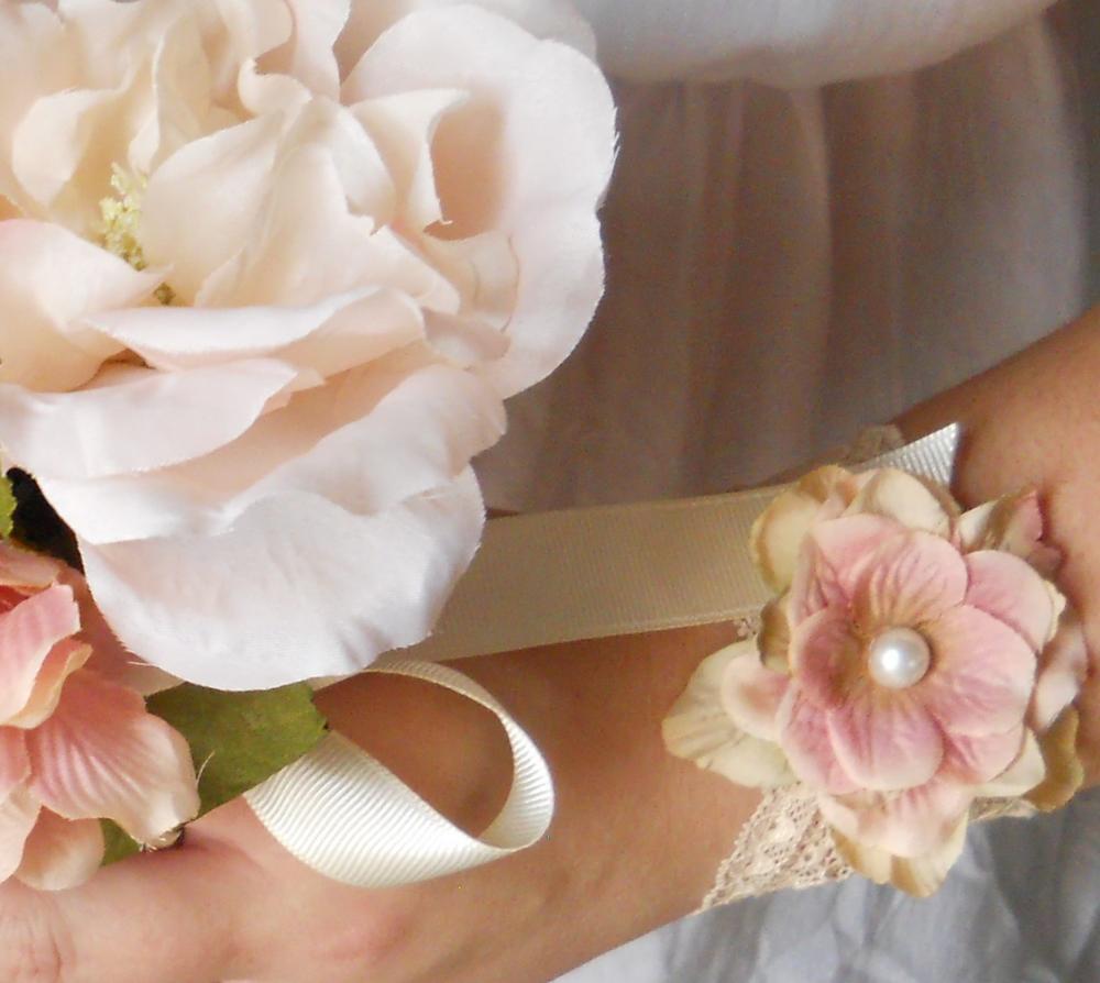 Antique Rose And Champagne Wrist Corsage Bridal Wedding Occasion Stretch Lace Wrist Cuff