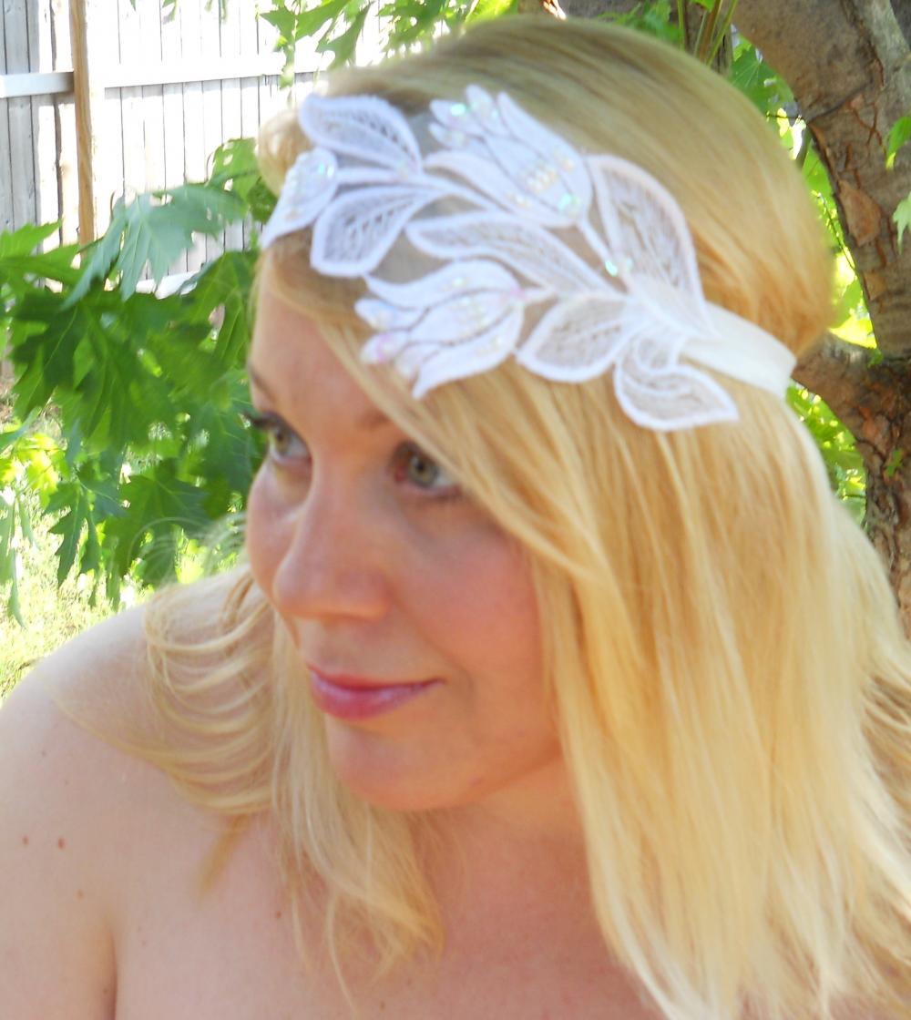 Pure White Floral Embroidered Embellishment Wedding Bridal Occasion Headband Winter Or Spring Wedding